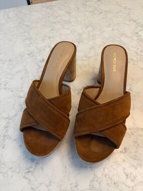 Veronica Beard Tan Suede Crisscross Cork Block Heel Mules